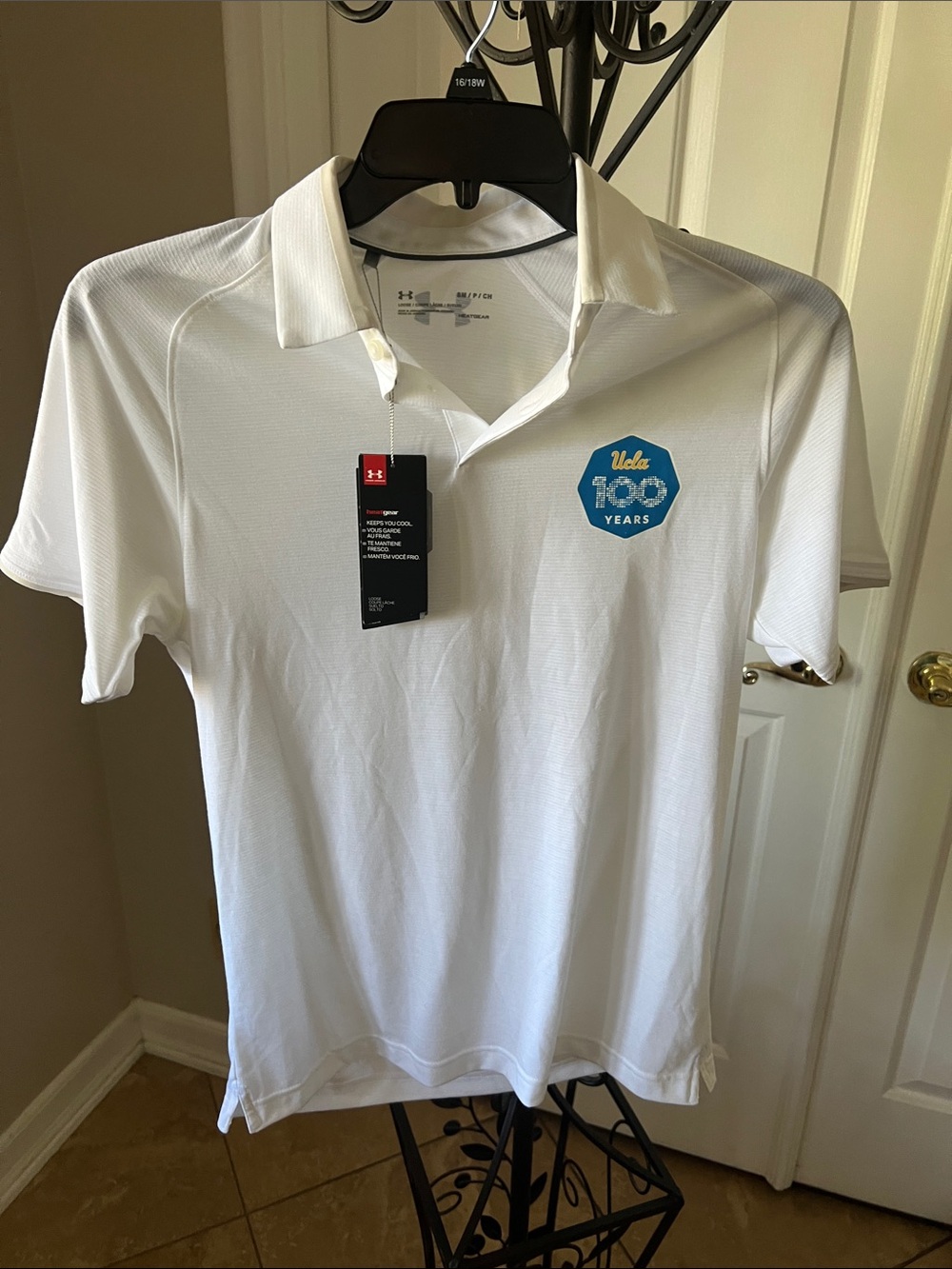 Under Armour White Men’s Polo with Blue UCLA 100 Patch